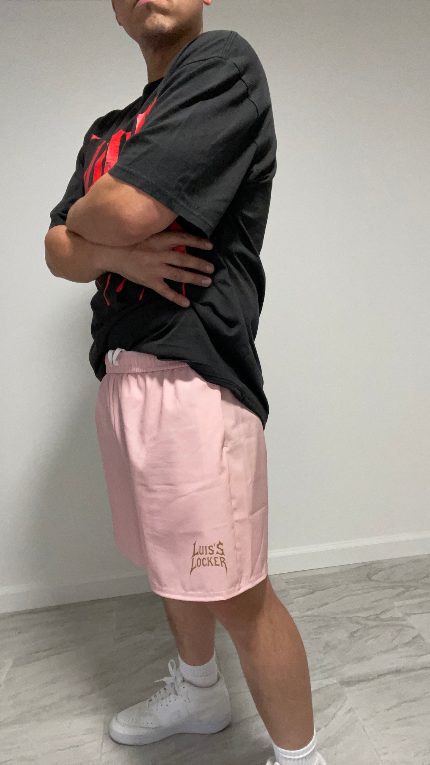 Vigilante Athletic Shorts – Powder Pink w/ Rich Brown Logo - Luis’s Locker
