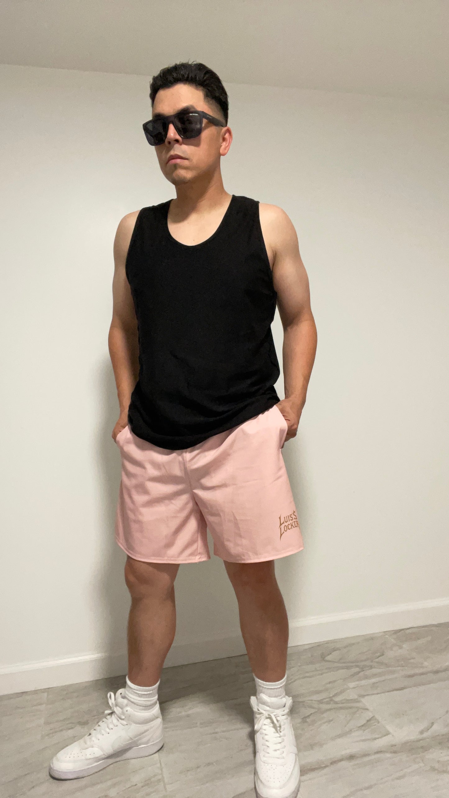 Vigilante Athletic Shorts – Powder Pink w/ Rich Brown Logo - Luis’s Locker