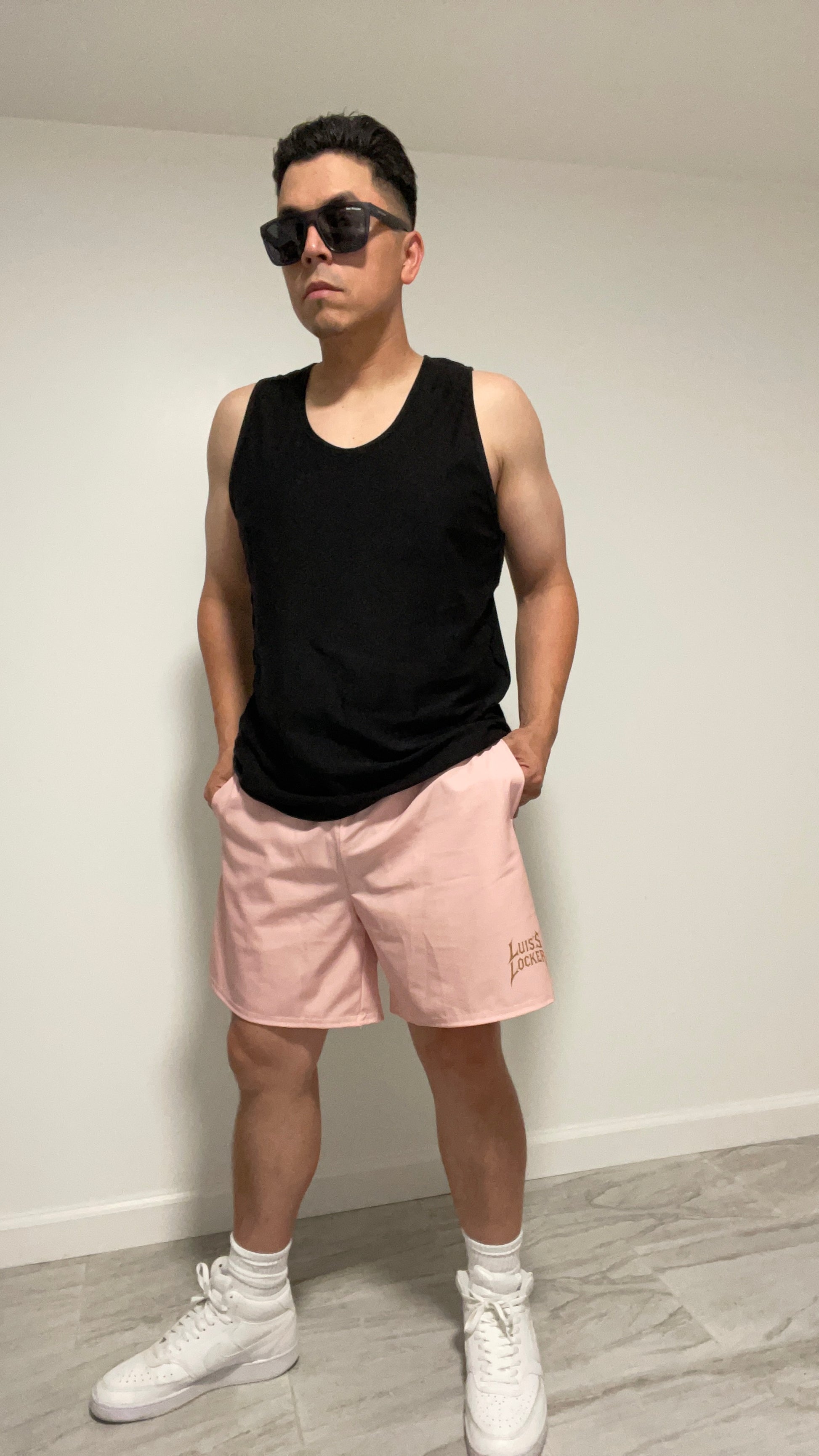 Vigilante Athletic Shorts – Powder Pink w/ Rich Brown Logo - Luis’s Locker