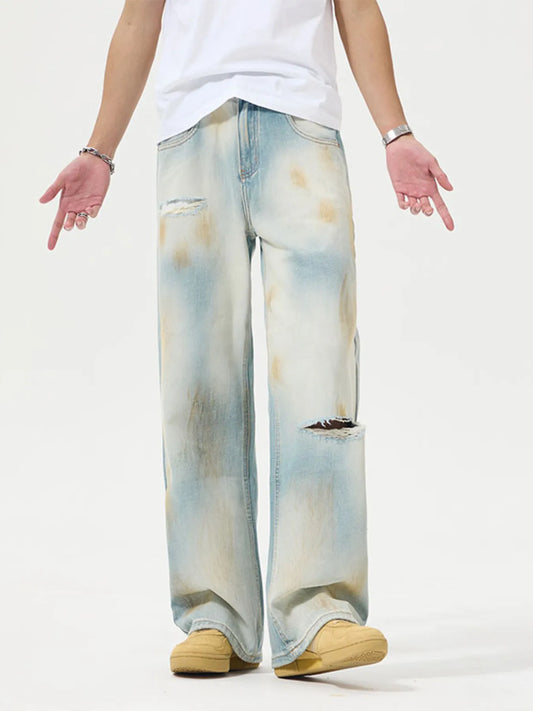 Men's Distressed Wide Leg Jeans - Edgy Ripped Denim Pants
