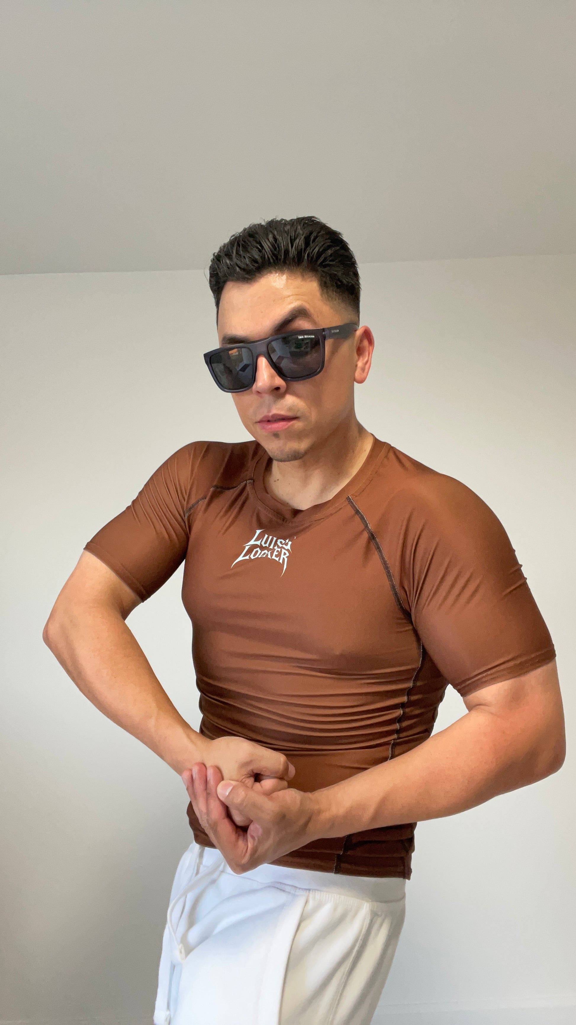 Vigilante Compression Shirt – Rich Brown w/ Icy Blue Logo (Short Sleeve) - Luis’s Locker