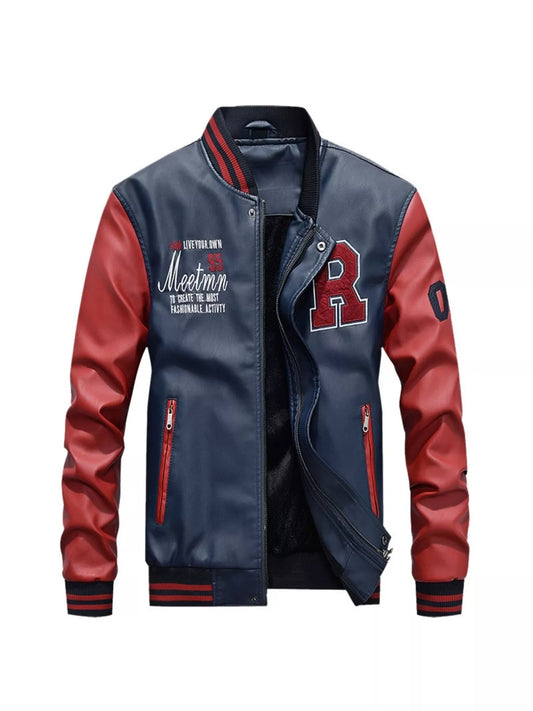 Custom Color Block Zip Up Leather Varsity Jacket – White – front view