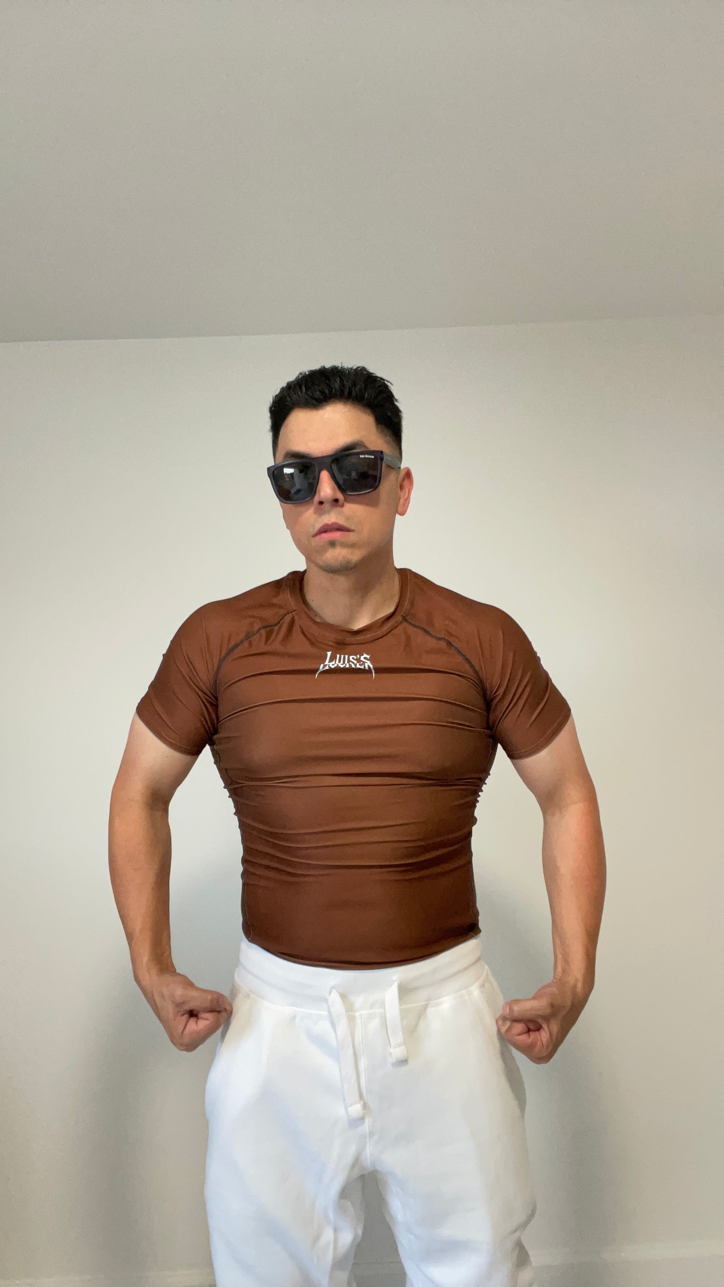 Vigilante Compression Shirt – Rich Brown w/ Icy Blue Logo (Short Sleeve) - Luis’s Locker