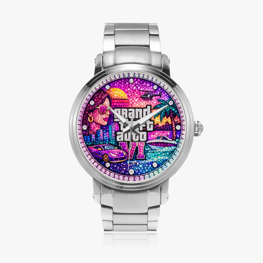 Jaycoh™ GTA 6 Incrusted Color Diamonds 212. New Steel Strap Automatic Watch | Print-on-Demand Custom Watch - angled view | print on demand watch print custom watch
