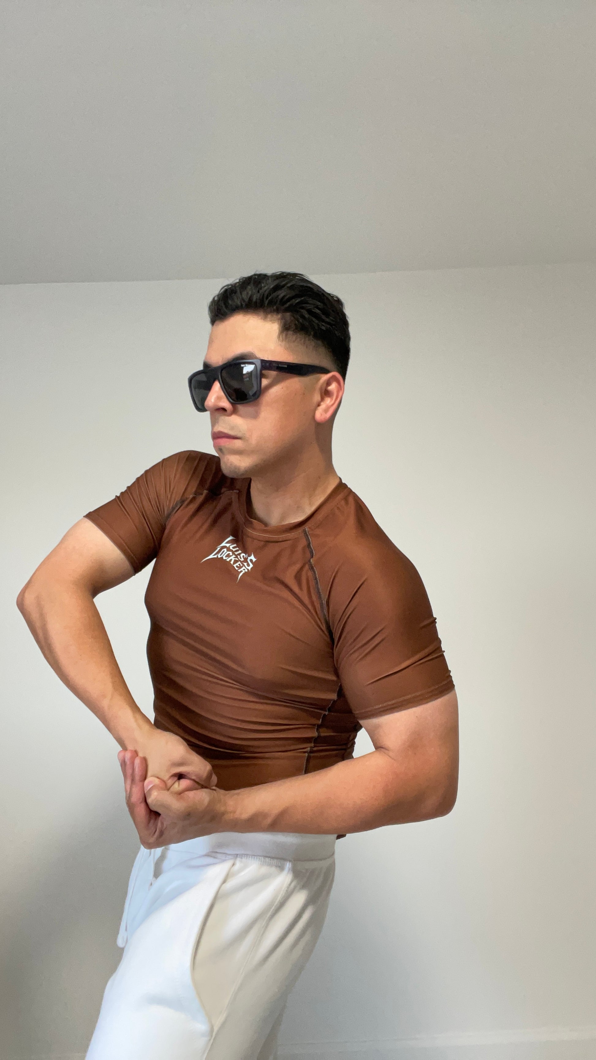 Vigilante Compression Shirt – Rich Brown w/ Icy Blue Logo (Short Sleeve) - Luis’s Locker