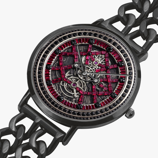 Jaycoh™ Black + Red Incrusted Rubys 736. Hollow Out Strap Quartz Watch | Print-on-Demand Custom Watch - angled view | print on demand watch print custom watch