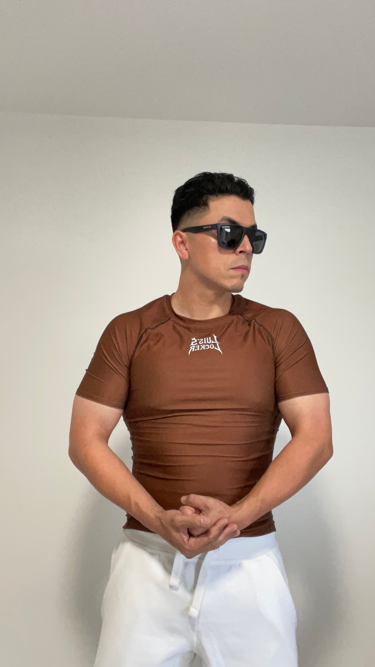 Vigilante Compression Shirt – Rich Brown w/ Icy Blue Logo (Short Sleeve) - Luis’s Locker