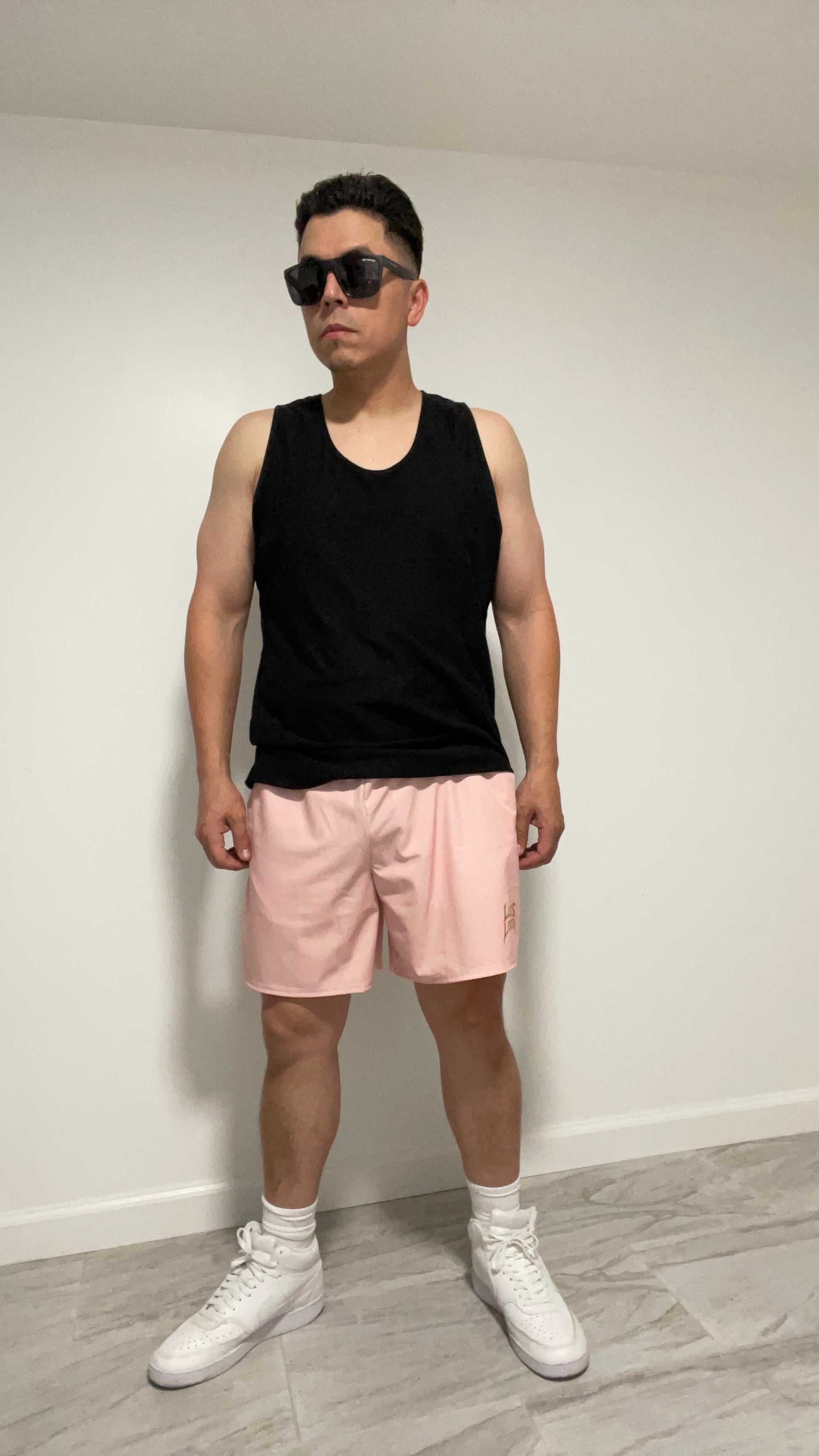 Vigilante Athletic Shorts – Powder Pink w/ Rich Brown Logo - Luis’s Locker