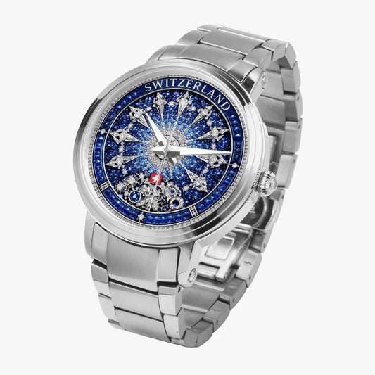 Jaycoh™ Swiss Watchmaking Heritage Switzerland Incrusted Blue Sapphires + Diamond Turbilon 212. New Steel Strap Automatic Watch | Print-on-Demand Custom Watch - angled view | print on demand watch print custom watch