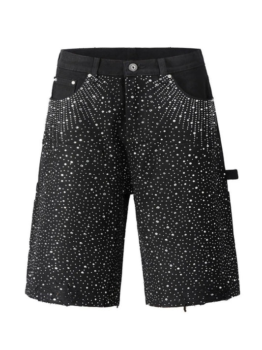 Men’s Rhinestone Cargo Denim Shorts - Sparkle Streetwear Shorts with Pockets - Black - Image 2