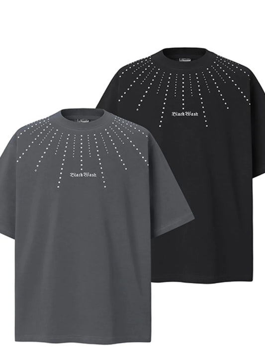 Men’s Starburst Rhinestone Oversized Streetwear T-Shirt - Black - Image 2