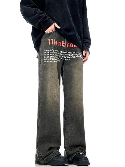 1267 Men's Text Print Wide Leg Jeans – men's graphic jeans (front view)