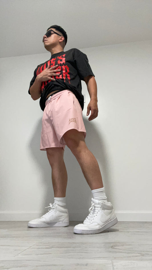 Vigilante Athletic Shorts – Powder Pink w/ Rich Brown Logo - Luis’s Locker