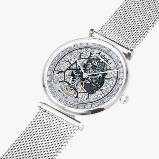 Jaycoh™ Ashoka Billionaire Incrusted White Diamond Turbilon 155. Ultra-Thin Quartz Watch | Print-on-Demand Custom Watch - angled view | print on demand watch print custom watch