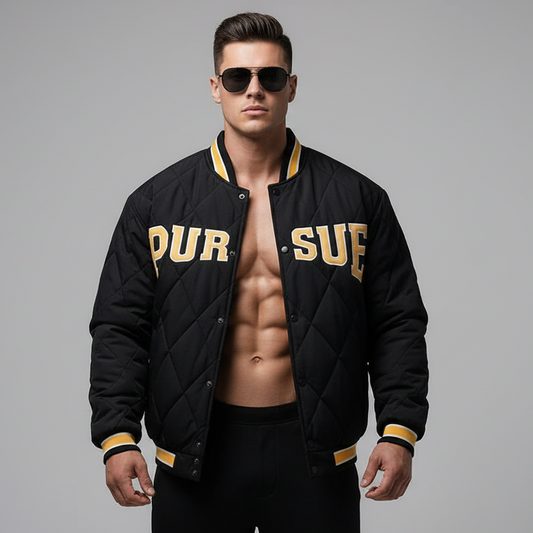Pursue White and Black Quilted Padded Varsity Jacket Men model