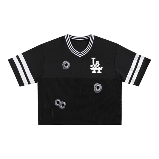 Glitched LA Taped Mesh Boxy Jersey Shirt (Black)