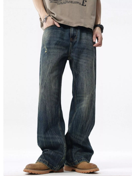 Men's Vintage Wash Wide Leg Jeans - Classic Blue Denim