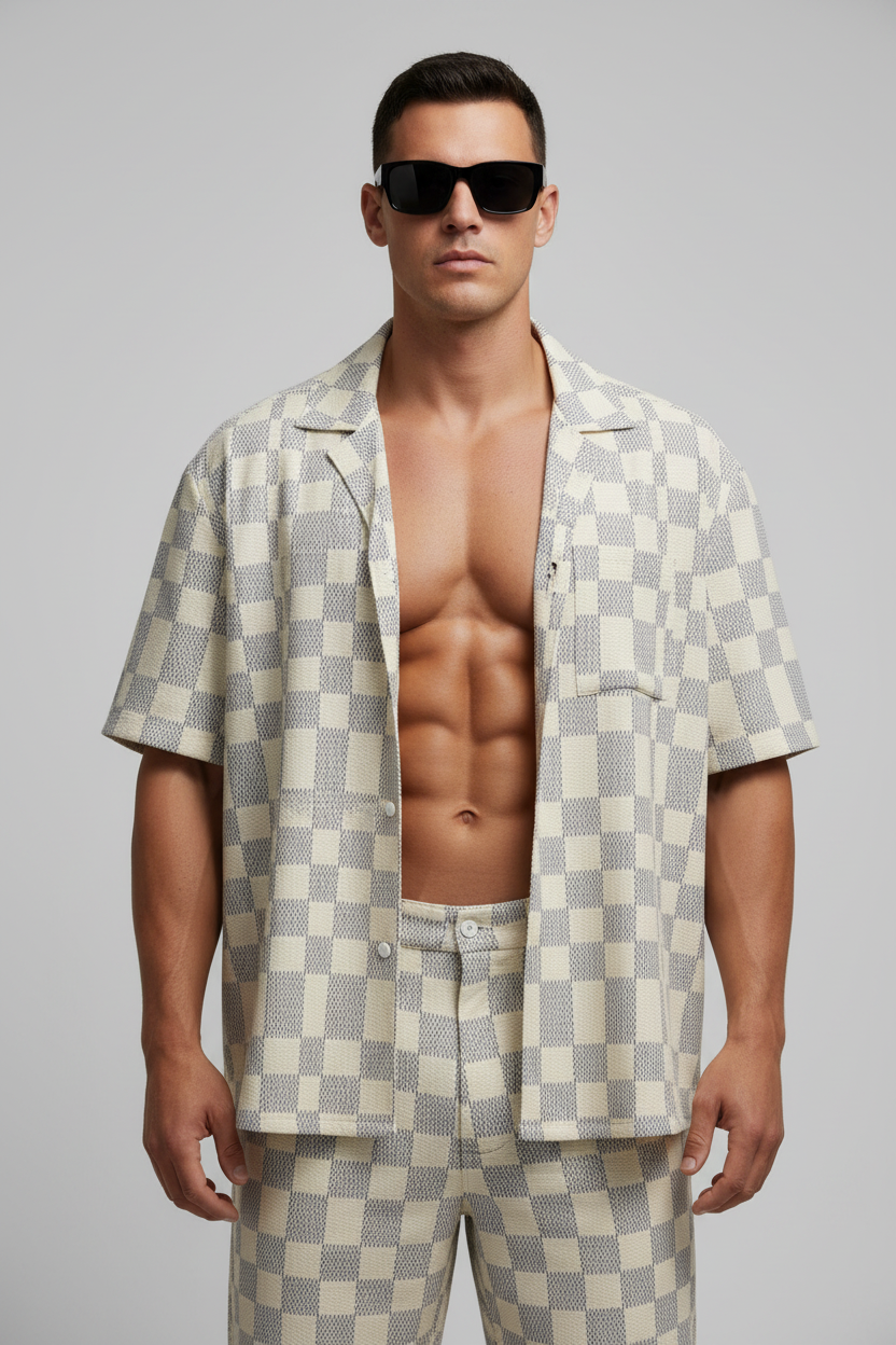 Soft Checkered Pattern Button Shirt – Cream Grid Edition - Luis’s Locker