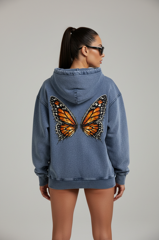 Women Dream Monarch Butterfly wings Snow Wash Oversized Hoodie – Front View
