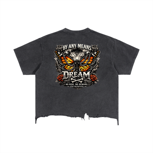 Women Dream Monarch Butterfly Vintage Wash Boxy Distressed Hem T-Shirt – Front View