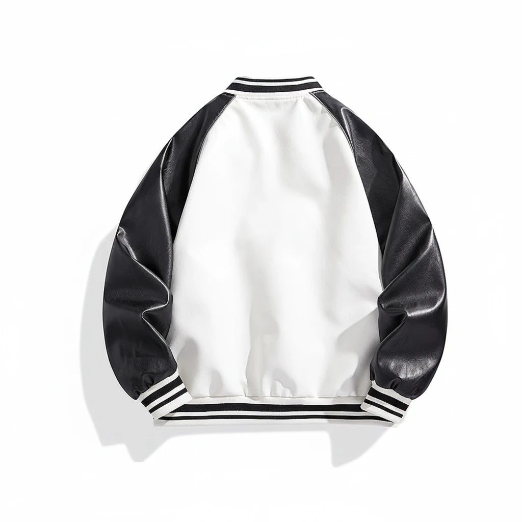 Black and White Long Sleeve Varsity Jacket – Black – angled view