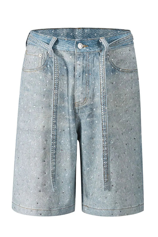 Men’s Washed Rhinestone Denim Bermuda Shorts - Streetwear Sparkle Fit - Medium - Image 2
