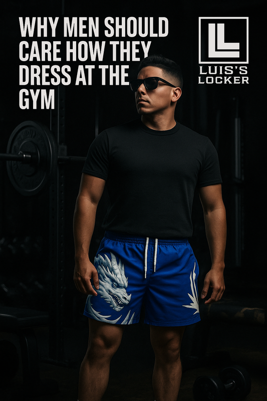 Luis Flexes wearing Blue Eyes White Dragon gym shorts standing confidently in front of gym equipment, promoting men’s gym fashion and self-confidence.