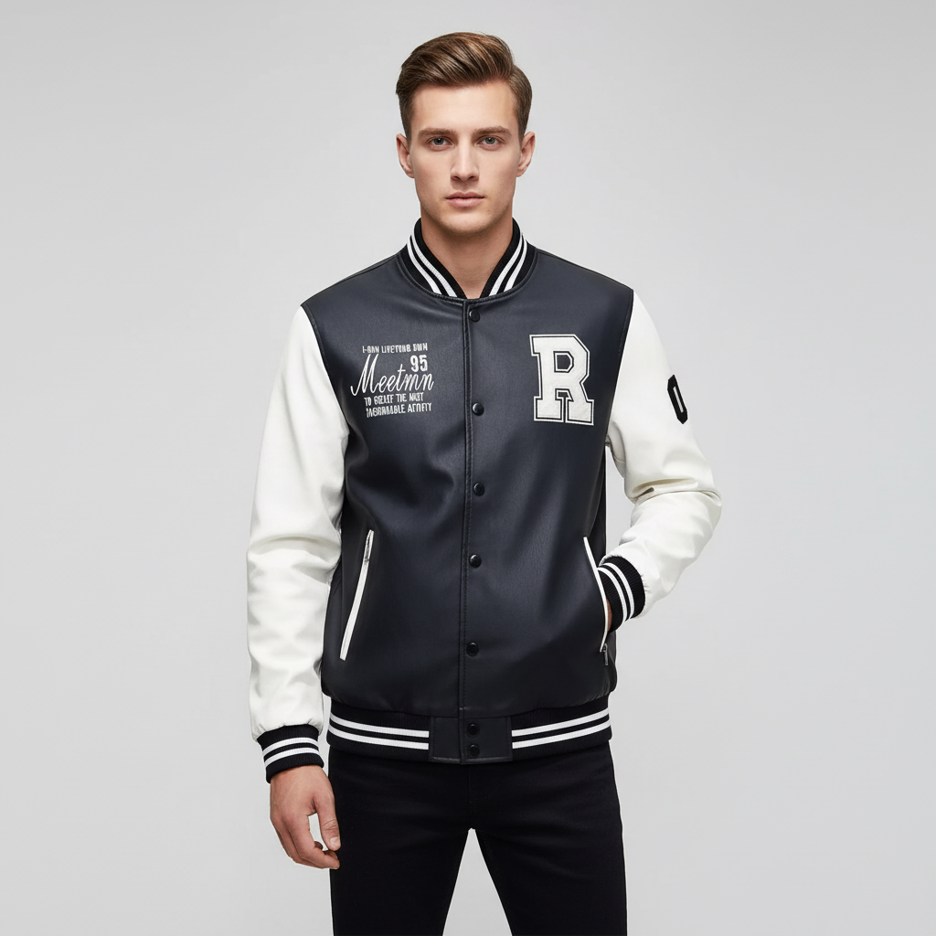Letter “R” Custom Color Block Zip Up Leather Varsity Jacket Men