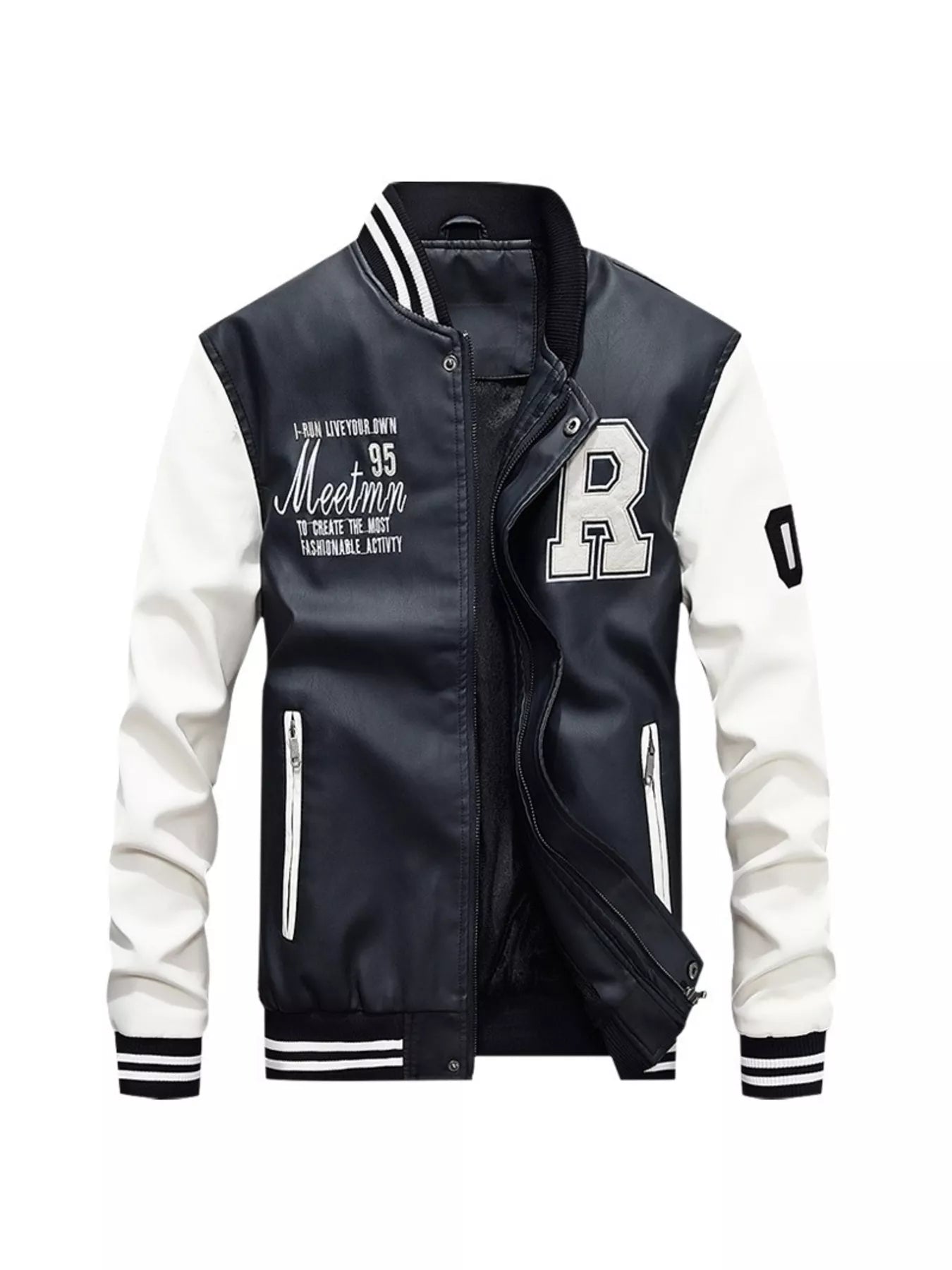 Custom Color Block Zip Up Leather Varsity Jacket – White – back view