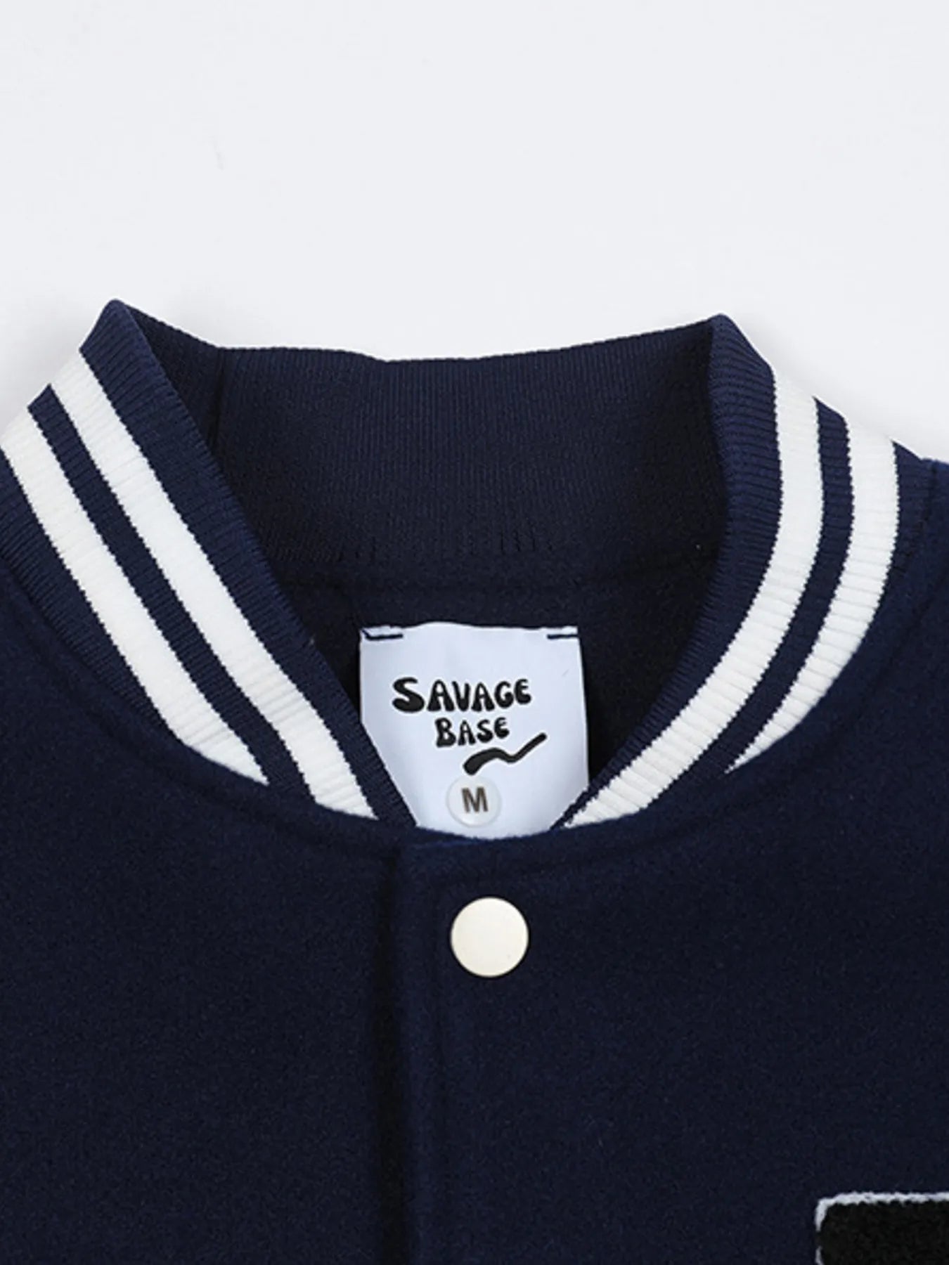 College Varsity Jacket with Patches (Royal Blue) – product view neck