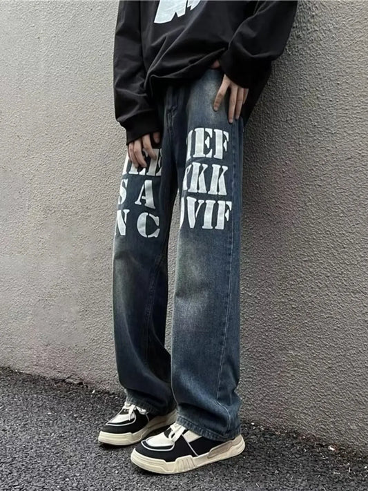 1268 Men's Full Size Letter Graphic Wide Leg Jeans Plus Size – men's graphic jeans (main view)