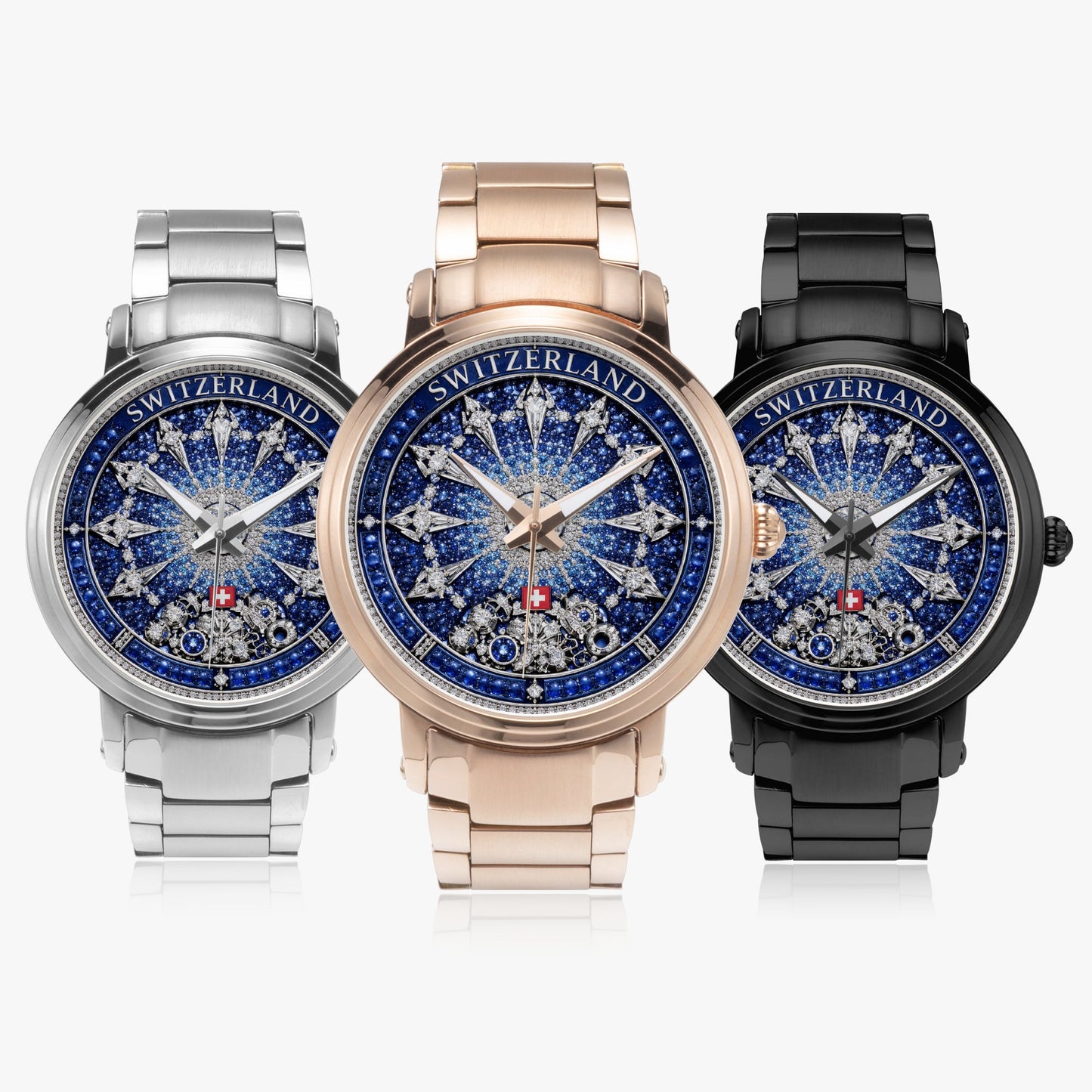 Jaycoh™ Swiss Watchmaking Heritage Switzerland Incrusted Blue Sapphires + Diamond Turbilon 212. New Steel Strap Automatic Watch | Print-on-Demand Custom Watch - product photo | print on demand watch print custom watch