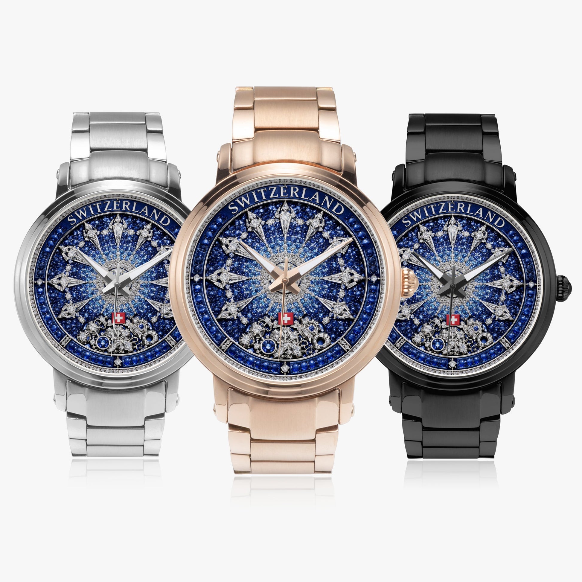 Jaycoh™ Swiss Watchmaking Heritage Switzerland Incrusted Blue Sapphires + Diamond Turbilon 212. New Steel Strap Automatic Watch | Print-on-Demand Custom Watch - product photo | print on demand watch print custom watch