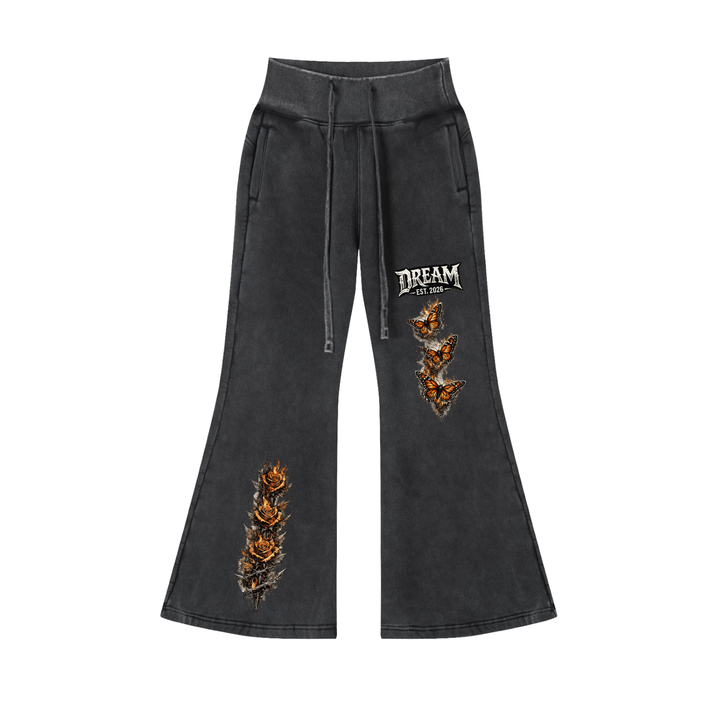 Women Dream Monarch Butterfly + Roses Vintage Washed Flared Fleece Pants – Front View