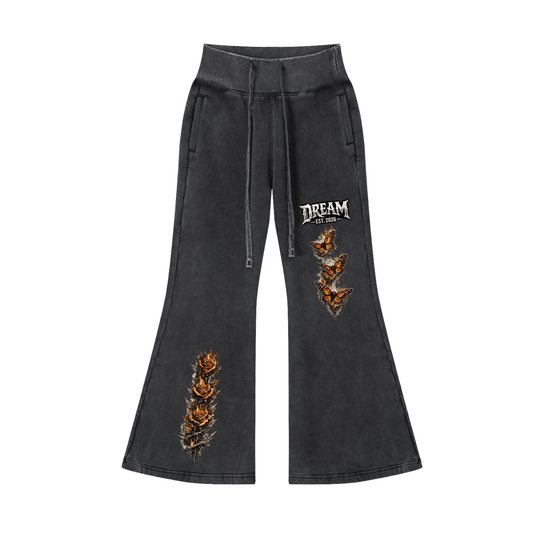 Women Dream Monarch Butterfly + Roses Vintage Washed Flared Fleece Pants – Front View