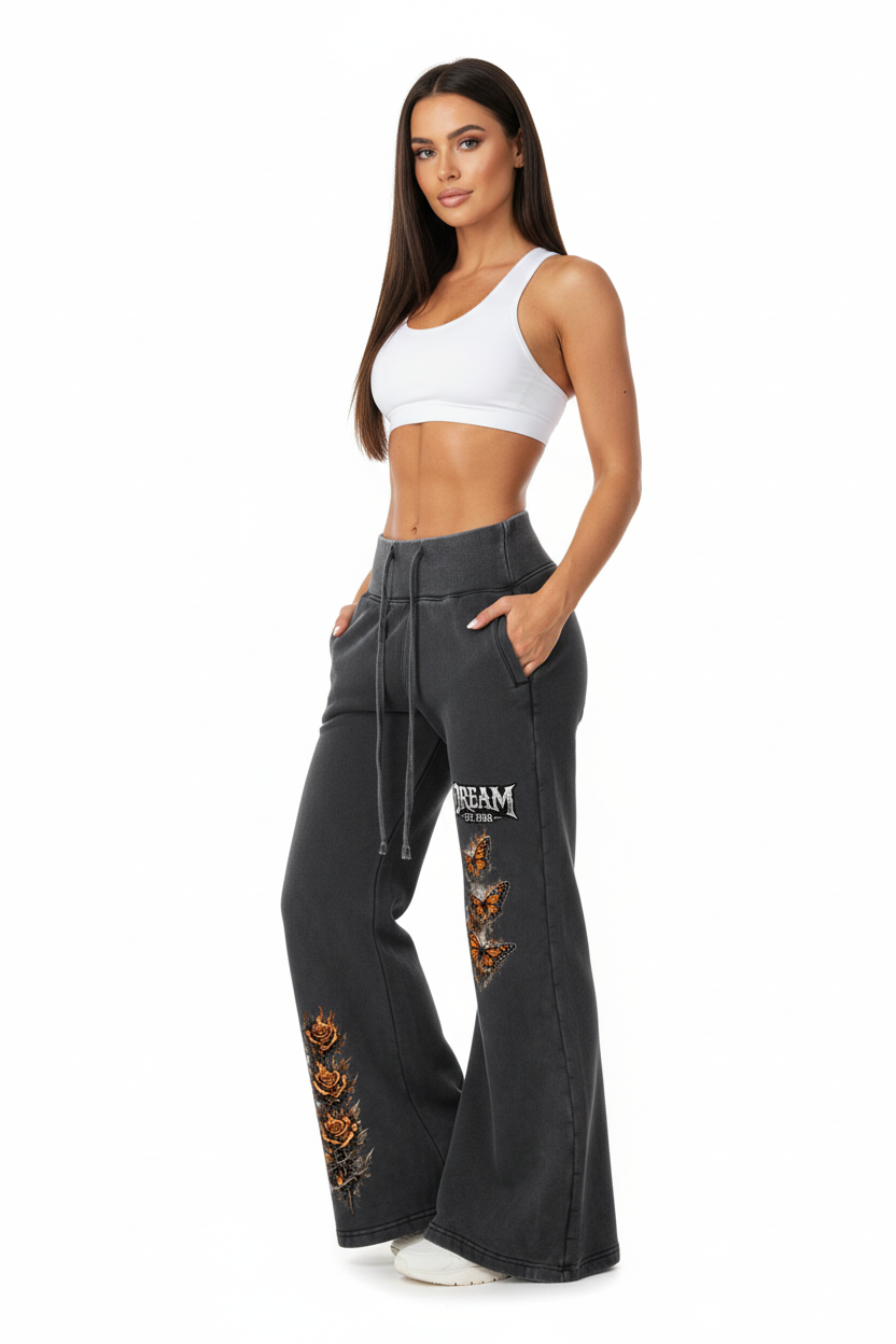Women Dream Monarch Butterfly + Roses Vintage Washed Flared Fleece Pants - Luis’s Locker