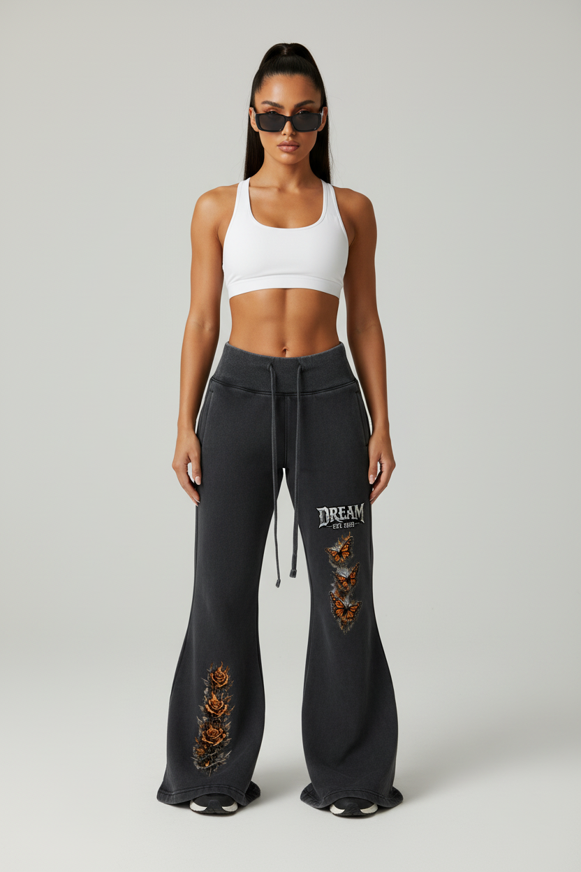 Women Dream Monarch Butterfly + Roses Vintage Washed Flared Fleece Pants – Main Image