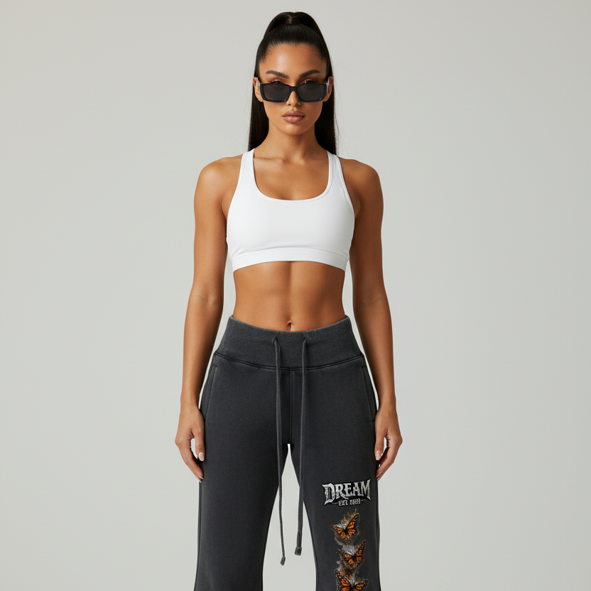 Women Dream Monarch Butterfly + Roses Vintage Washed Flared Fleece Pants – Detail Close-Up