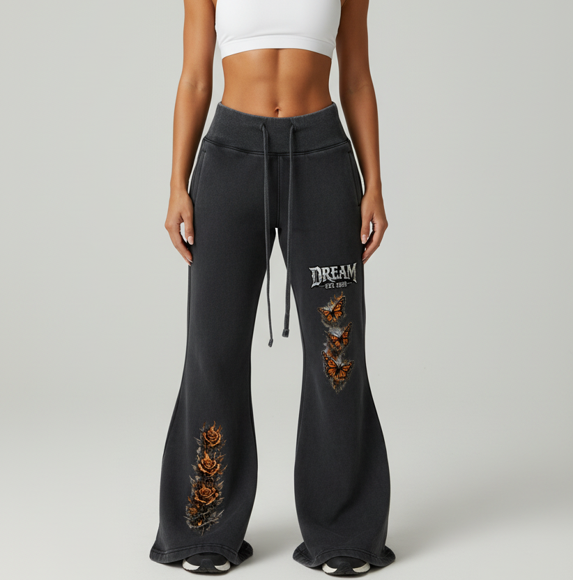 Women Dream Monarch Butterfly + Roses Vintage Washed Flared Fleece Pants – Side View