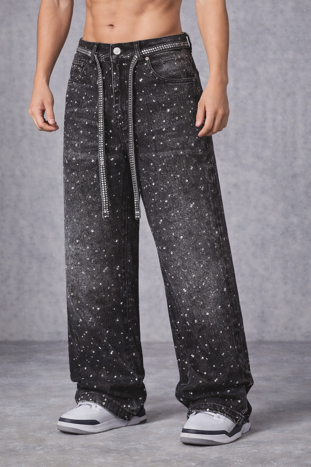 Midnight Drip Rhinestone Belt Jeans - Dark - Main image