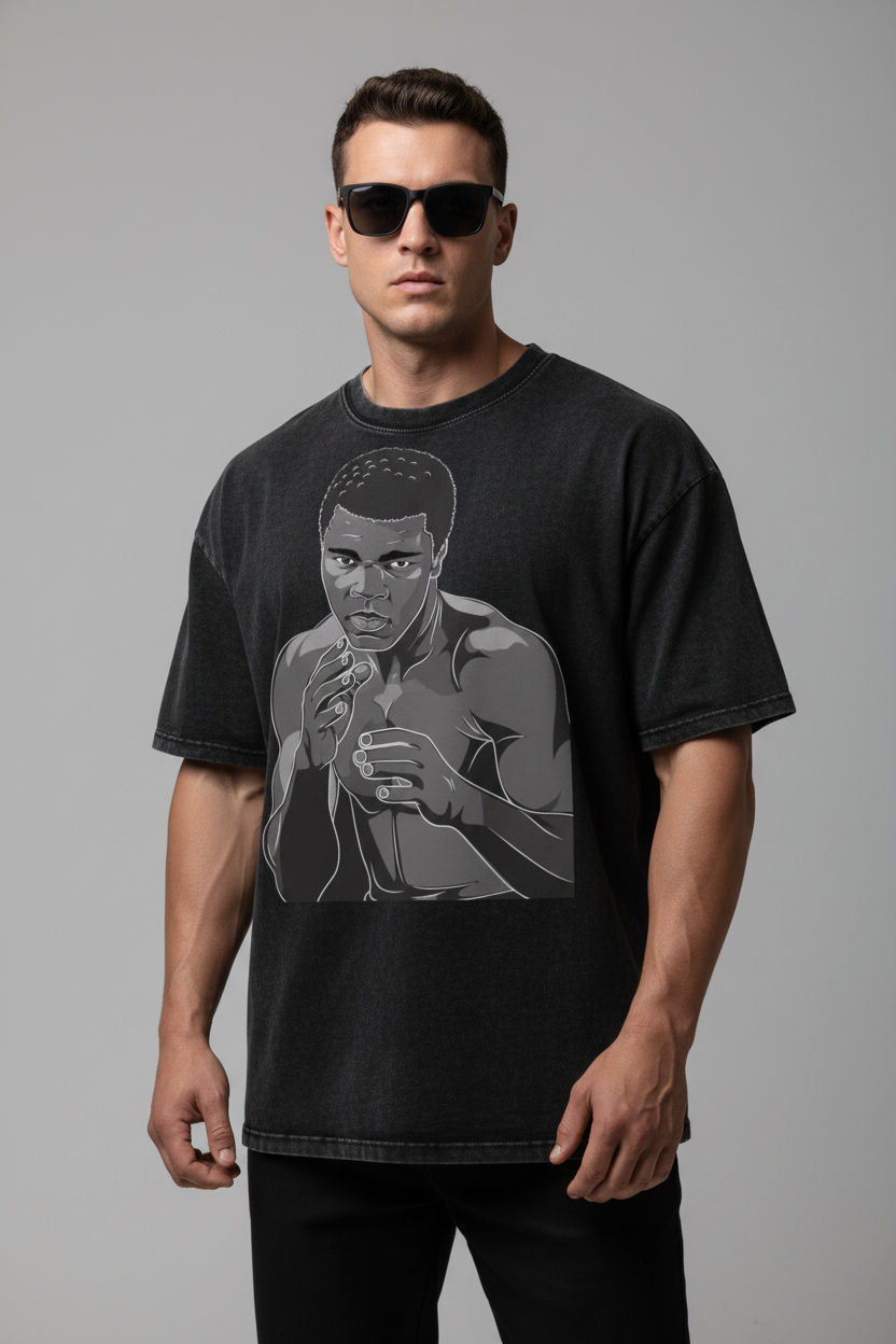 Muhammed Ali T Shirt “Shadow Boxing” Snow Washed Oversized - Luis’s Locker