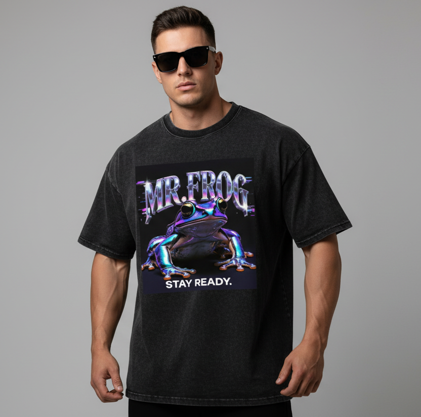 Mr. Frog Stay Ready Snow Washed Oversized Cotton T-Shirt