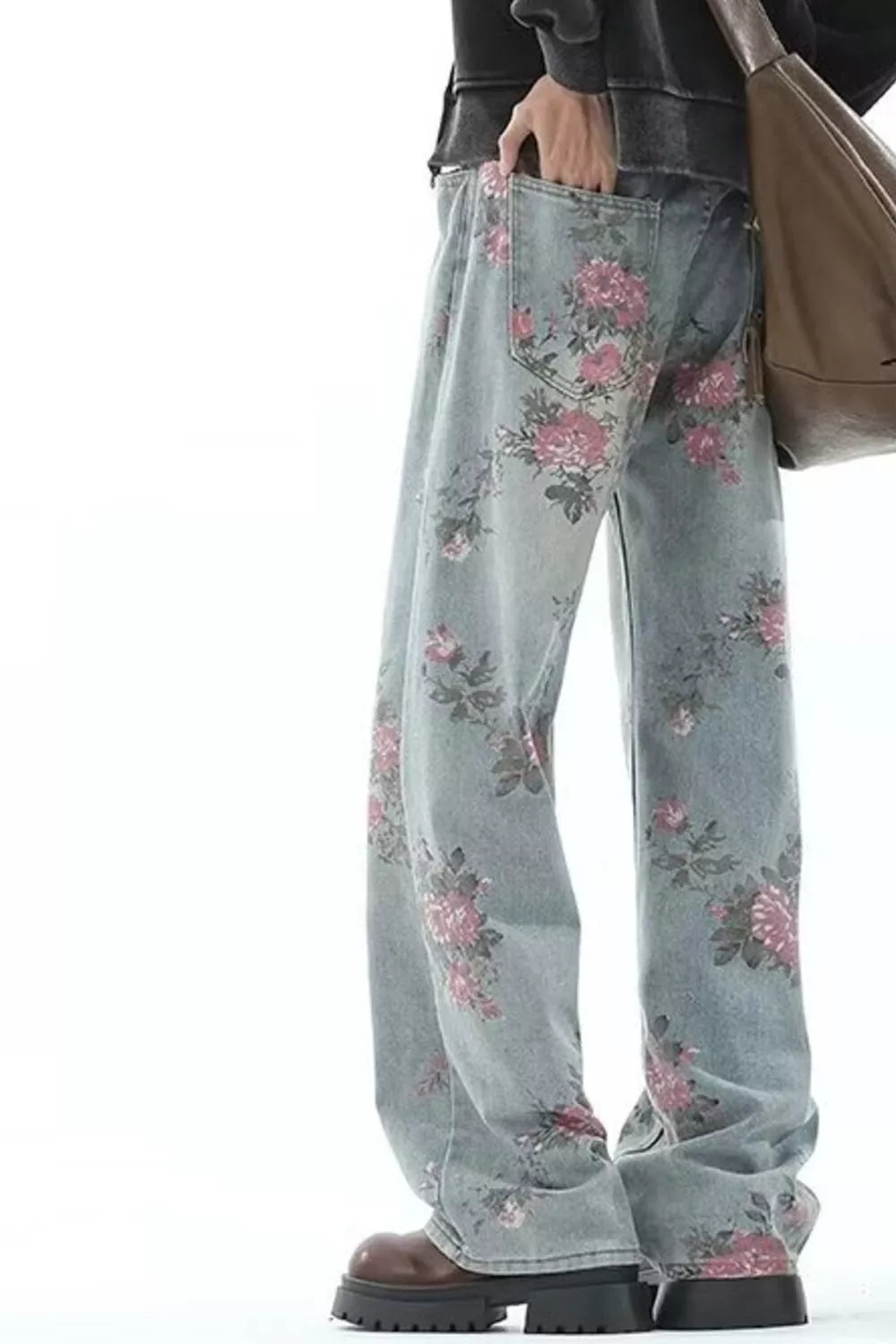 1273 Men's Full Size Floral Print Wide Leg Jeans Plus Size – men's graphic jeans (front view)