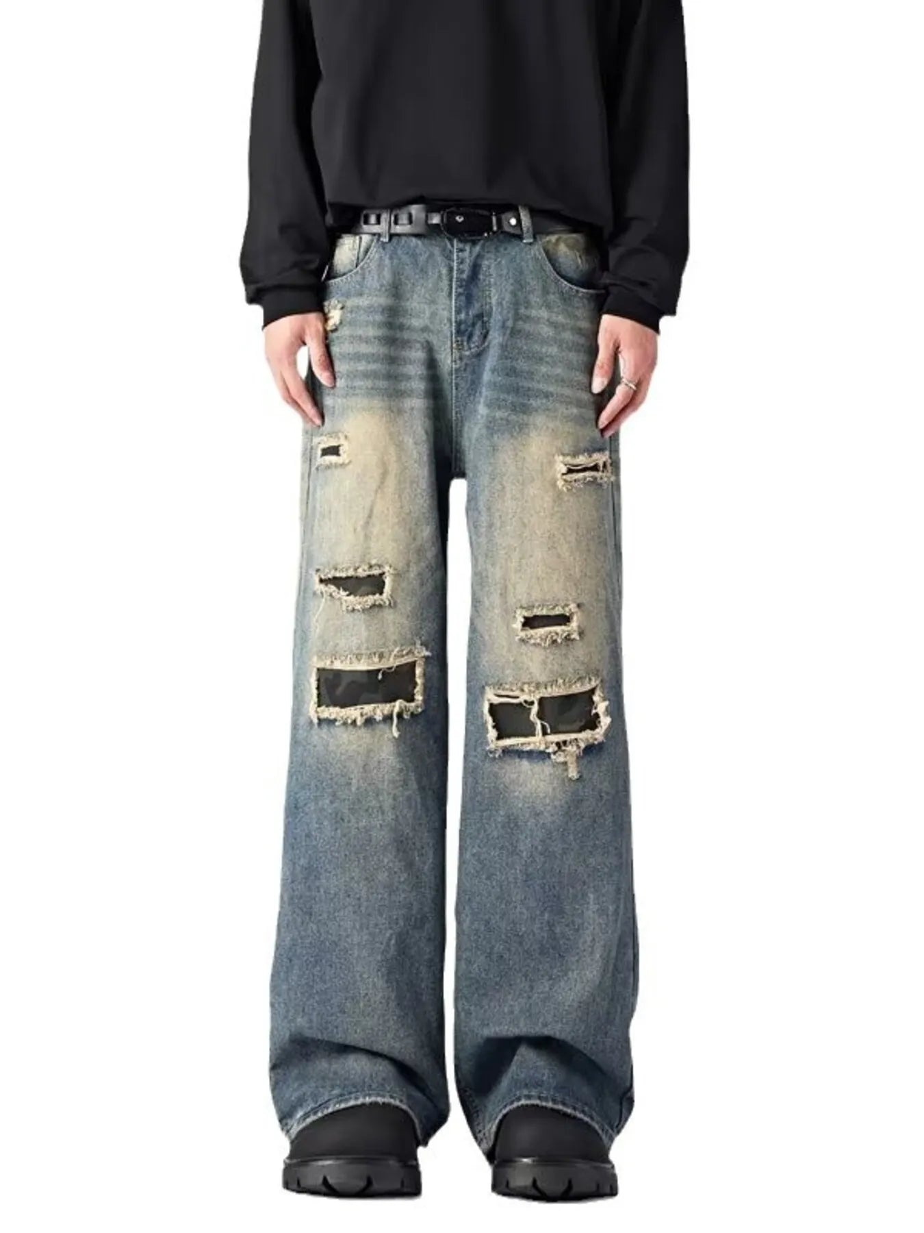 474 Men's Ripped Wide Leg Jeans – Men's wide leg jeans streetwear fit
