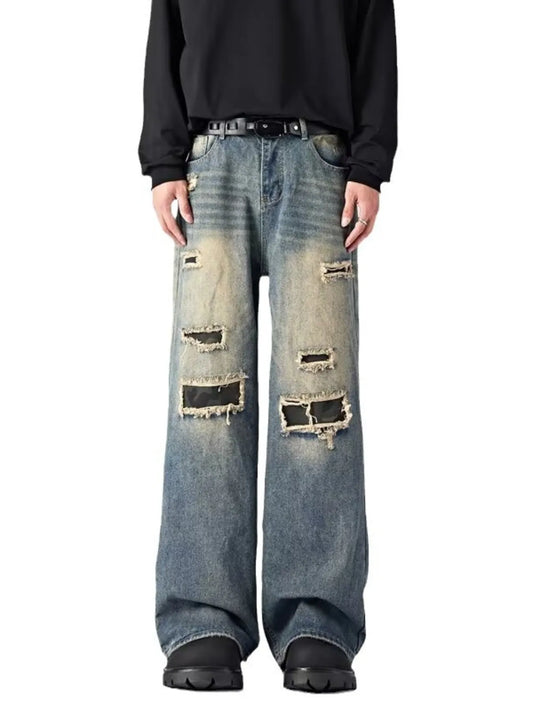 474 Men's Ripped Wide Leg Jeans – Men's wide leg jeans streetwear fit