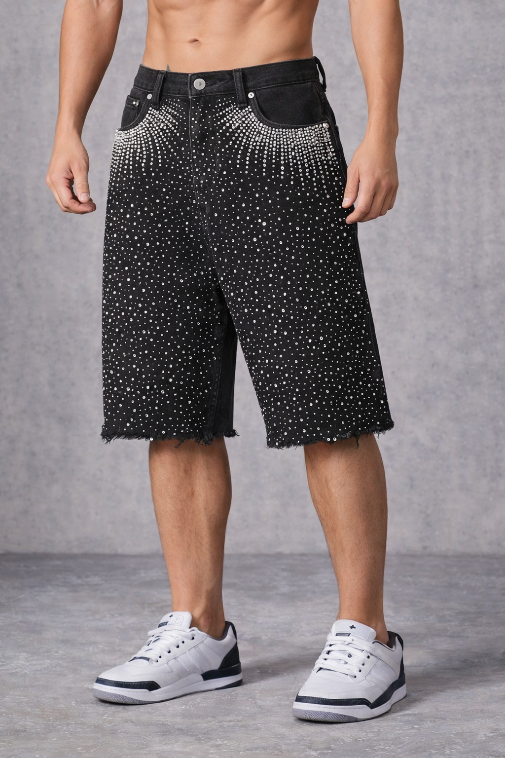 Men’s Rhinestone Embellished Black Denim Shorts – Distressed Frayed Hem Streetwear - Luis’s Locker