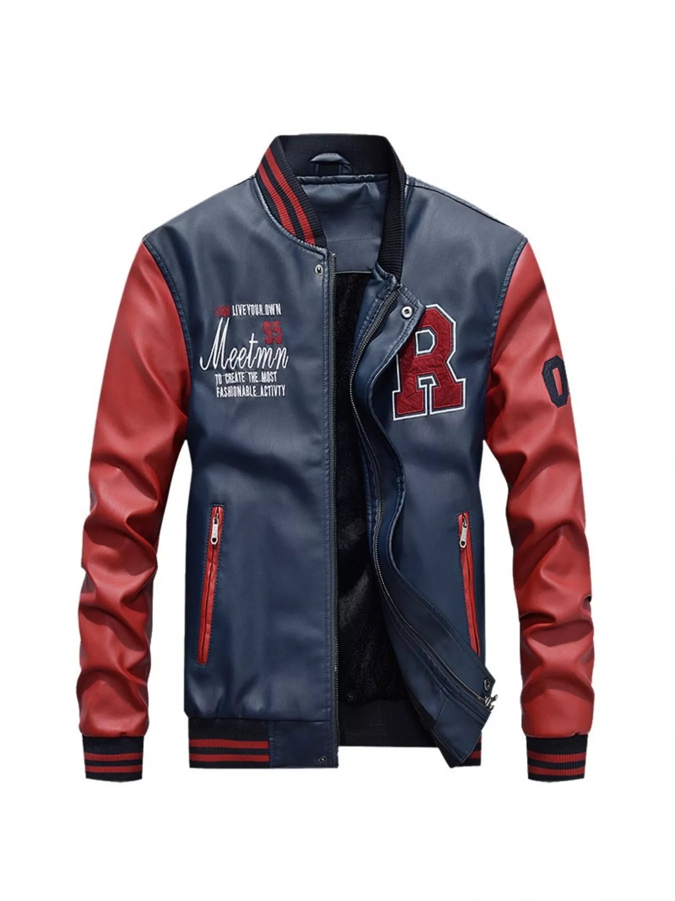 Custom Color Block Zip Up Leather Varsity Jacket – White – front view