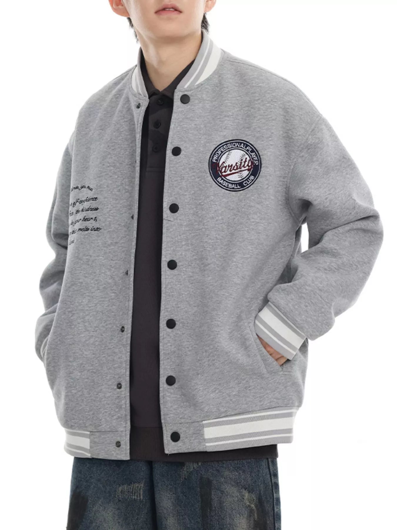 Snap Down College Varsity Jacket – Melange Gray – side view