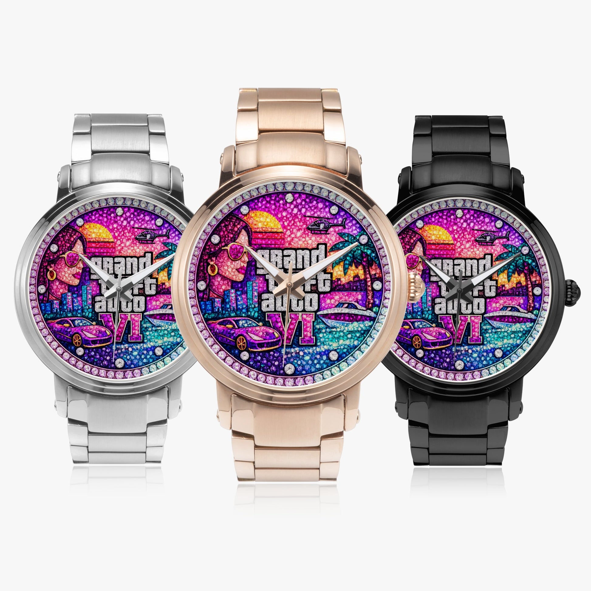 Jaycoh™ GTA 6 Incrusted Color Diamonds 212. New Steel Strap Automatic Watch | Print-on-Demand Custom Watch - product photo | print on demand watch print custom watch