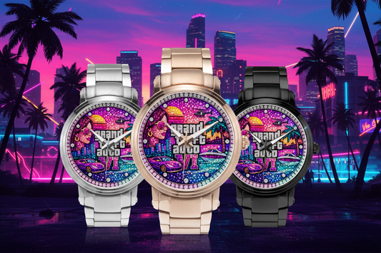 Jaycoh™ GTA 6 Incrusted Color Diamonds 212. New Steel Strap Automatic Watch | Print-on-Demand Custom Watch - front view | print on demand watch print custom watch